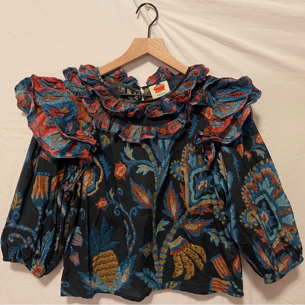 FARM Rio Black Floral Ruffle Blouse with Blue, Orange & Yellow Accents
